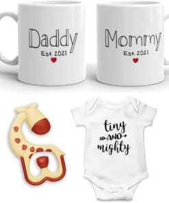 2021 Est Pregnancy Gift - New Mommy and Daddy Est 2021 11 oz Mug Heart Set with"Tiny & Mighty" Baby Romper - Top Mom and Dad Gift Set for New and Expecting Parents to Be - Baby Shower - Som + Co