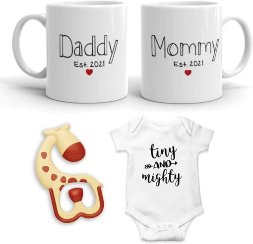 2021 Est Pregnancy Gift - New Mommy and Daddy Est 2021 11 oz Mug Heart Set with"Tiny & Mighty" Baby Romper - Top Mom and Dad Gift Set for New and Expecting Parents to Be - Baby Shower - Som + Co