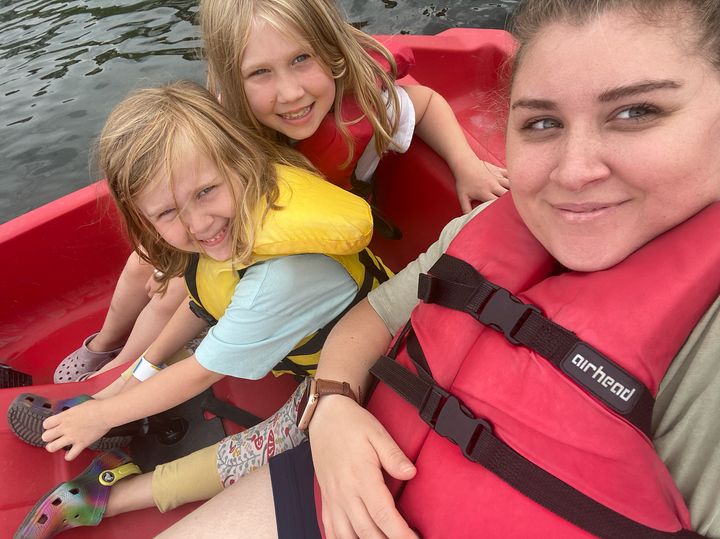 Brianna and her daughters paddle boating at Blue Mountain Resort in Ontario.