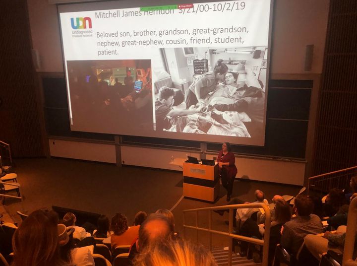 The author speaking to the Washington University School of Medicine faculty in January 2020. “Dr. F. Sessions Cole asked me to join him in a presentation about the Undiagnosed Diseases Network,” the author writes. “It was a touching moment for me to be able to share Mitchell's story with many of his former doctors and nurses who were in the audience.”